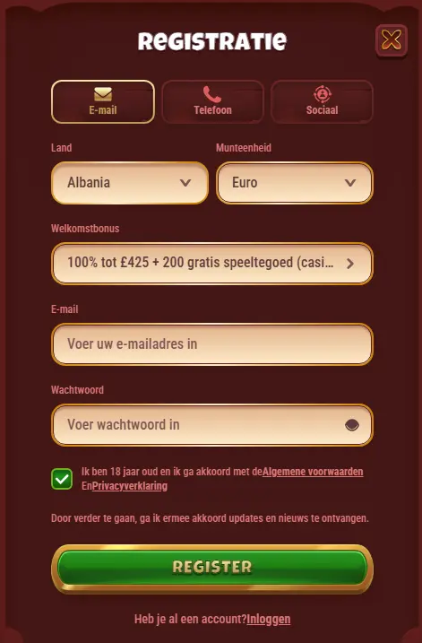 Snel formulier om een spelersaccount aan te maken